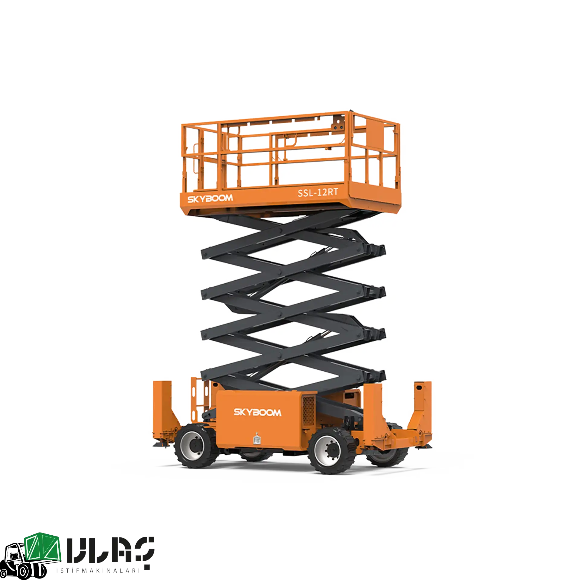 14 metre çalışma yüksekliğine sahip dizel makaslı platform — Ulaş İstif Makinaları güvencesiyle üretilmiş, güçlü 4×4 çekiş sistemi, geniş platform alanı ve dayanıklı şasi yapısıyla açık alan endüstriyel kullanımına uygun profesyonel iş platformu görseli.